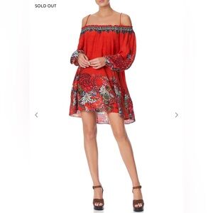 $599 New Camilla off shoulder 100% silk dress with neck tie Wondering waratah